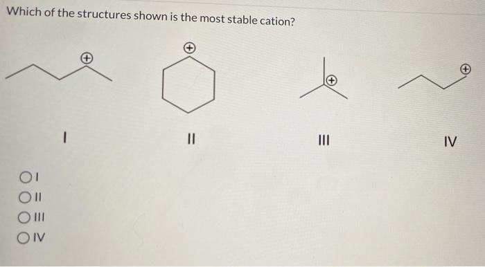 Which of the structures shown is the most stable cation